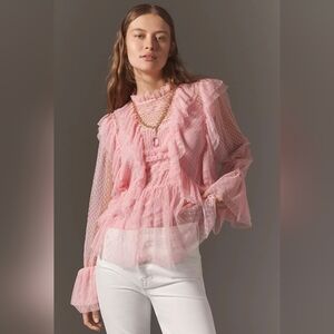 Anthropologie Sheer Light Pink Ruffle Long Sleeve Blouse